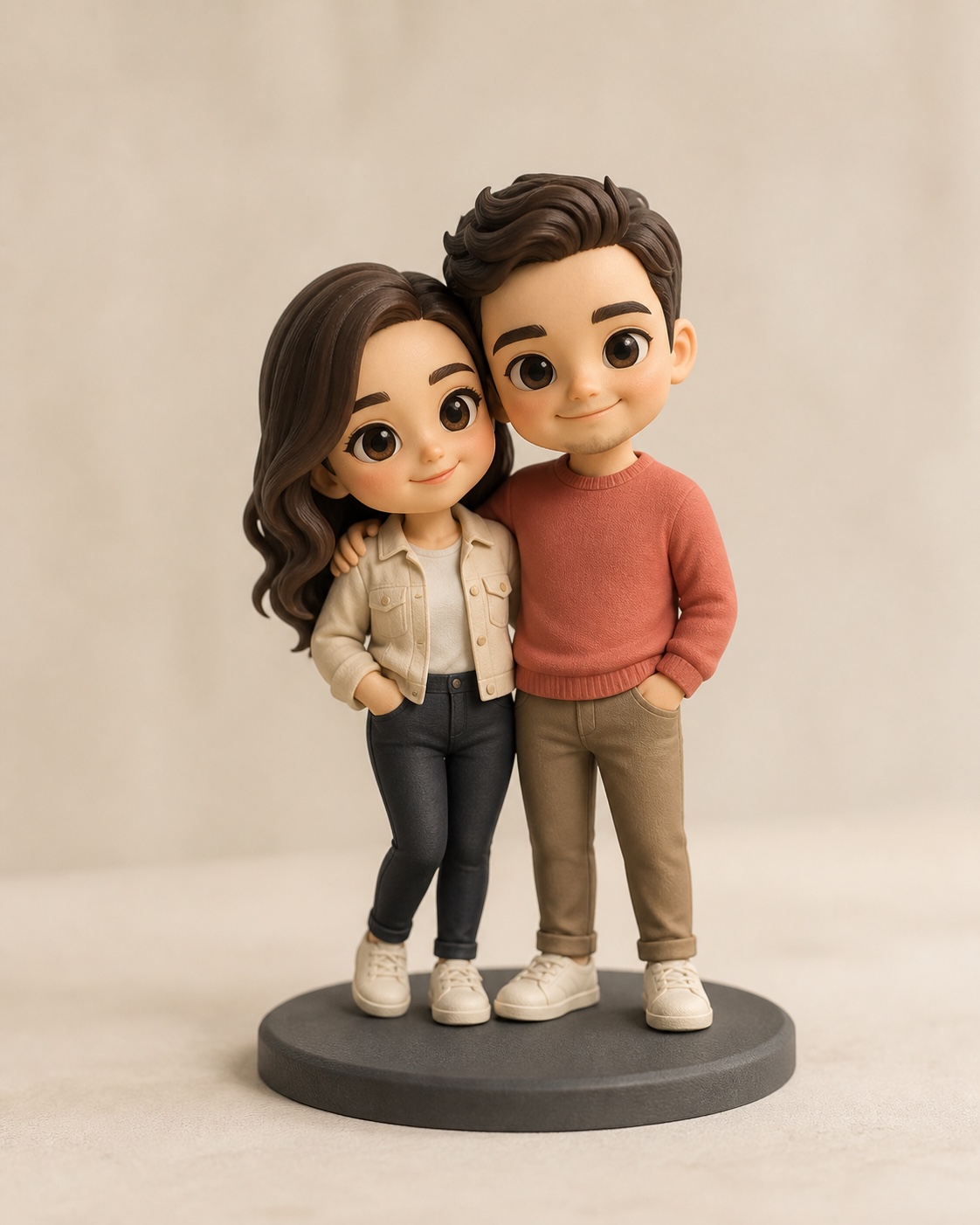 Custom chibi couple 3D figurines on a shared base
