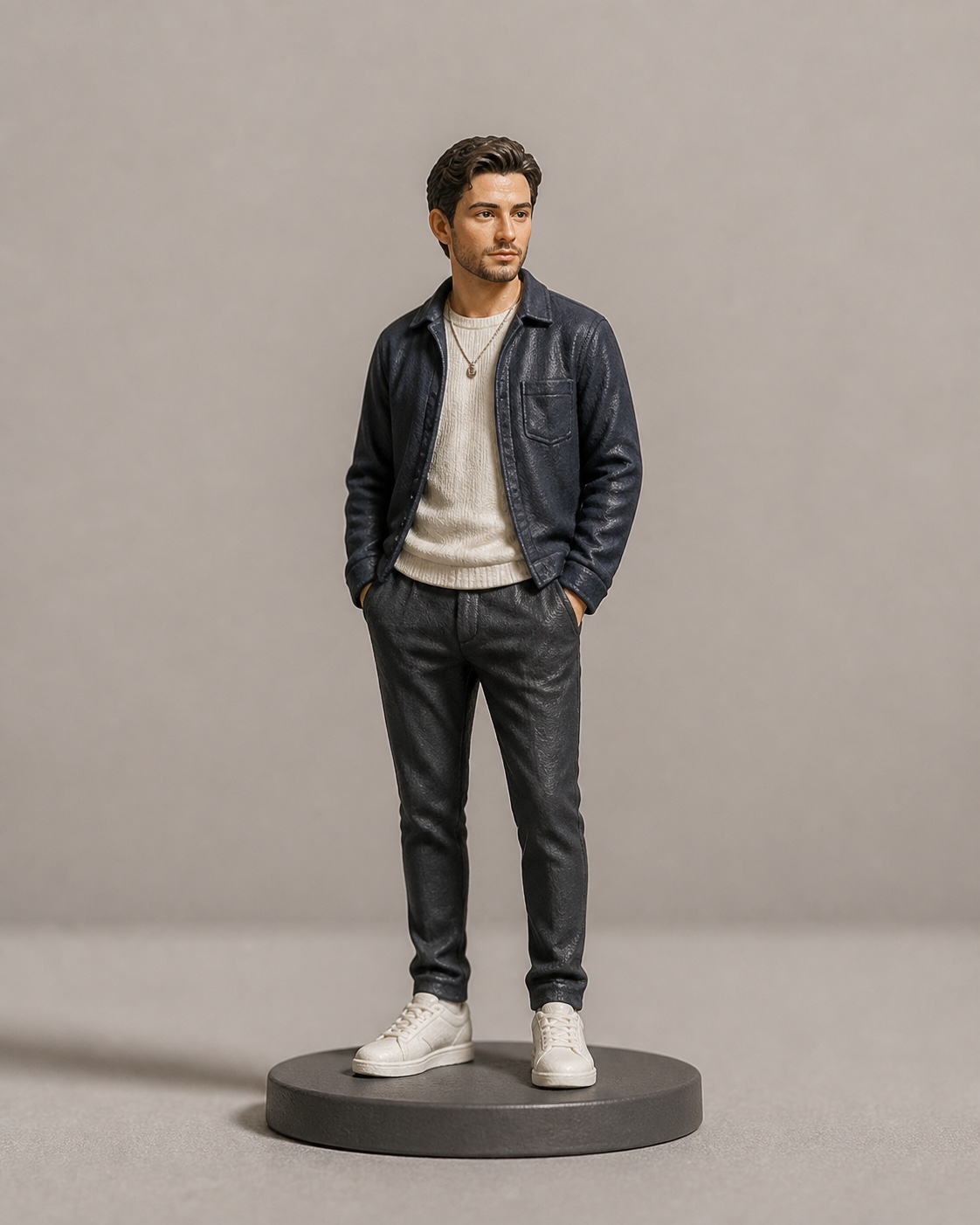 Realistic custom full-body 3D figurine on a display base