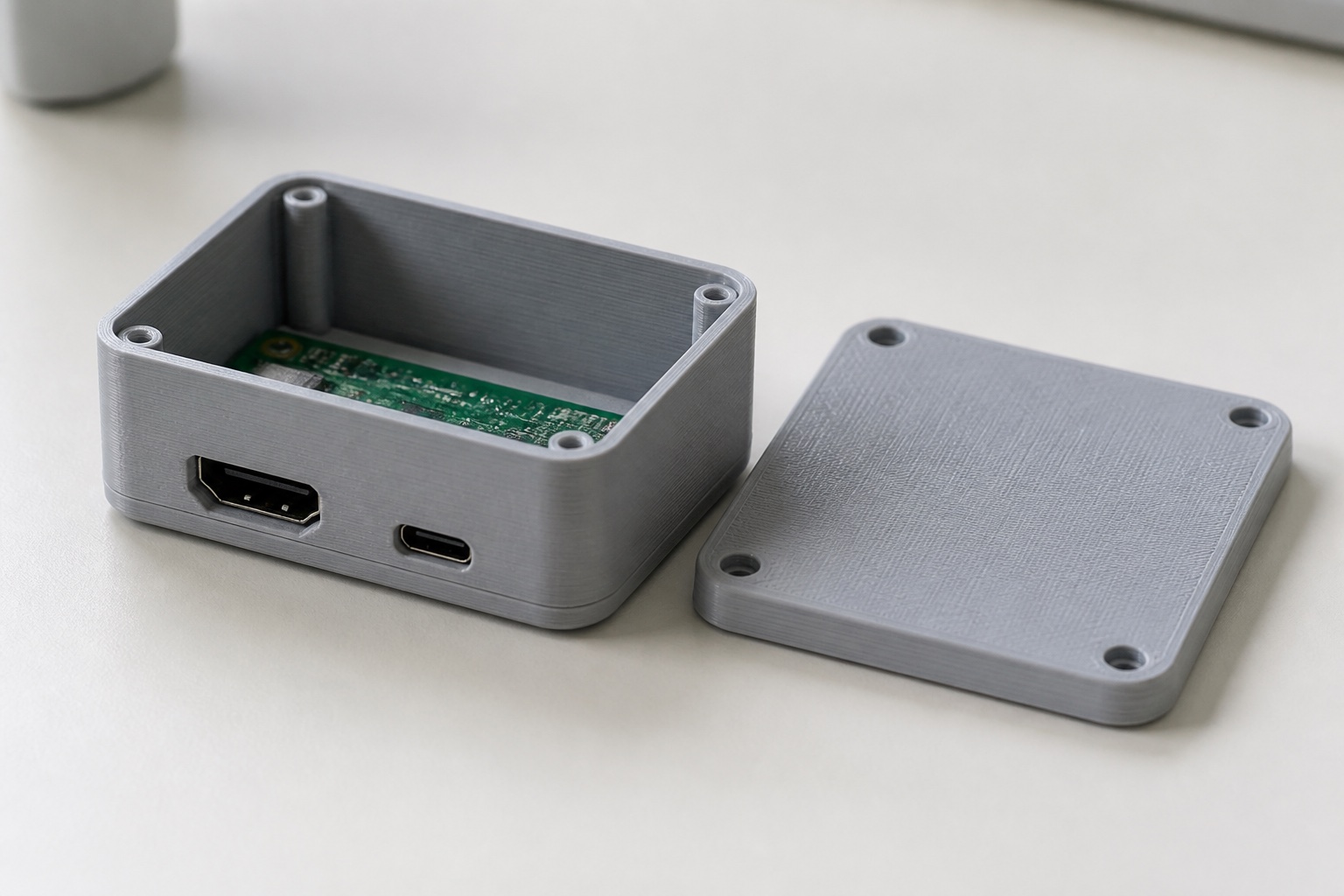 Finished grey 3D-printed electronics enclosure and lid